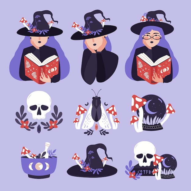 Mystic elements collection in flat style. Set magic illustrations of witch, skull, sphere, old book.