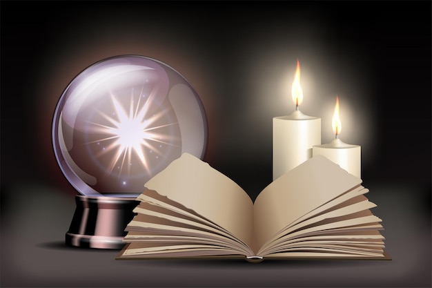 Mystical accessories Bright glowing crystal ball for fortune tellers book and two burning candles