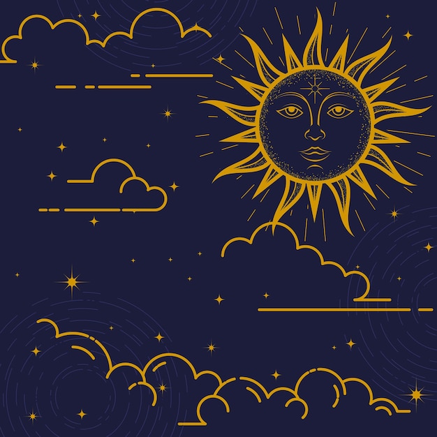 Mystical background sun with face clouds and stars esoteric and astrological design magic sun vector