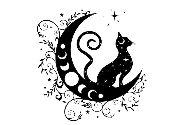 Vector mystical black cat over celestial crescent moon moon phases witchcraft symbol witchy esoteric logo