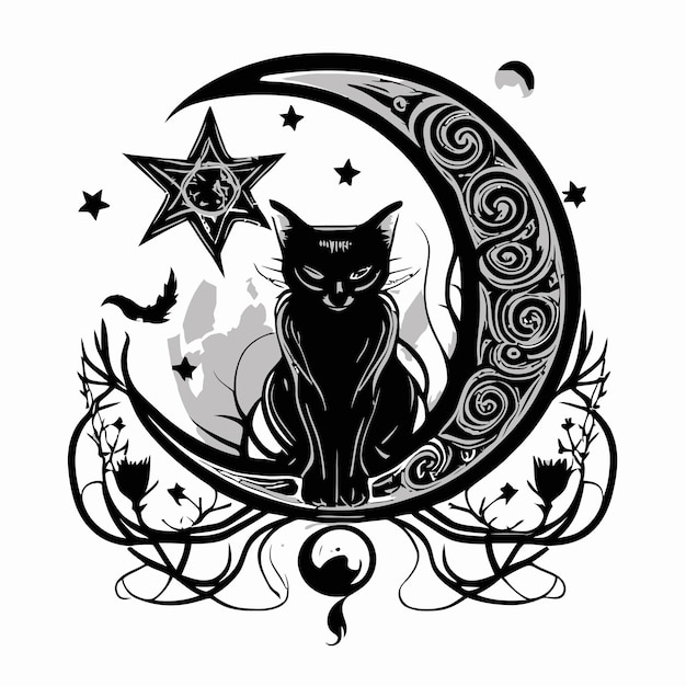 Vector mystical_black_cat_over_celestial_crescent_moon