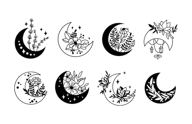 mystical boho floral moon isolated cliparts bundle celestial collection moon and flowers set