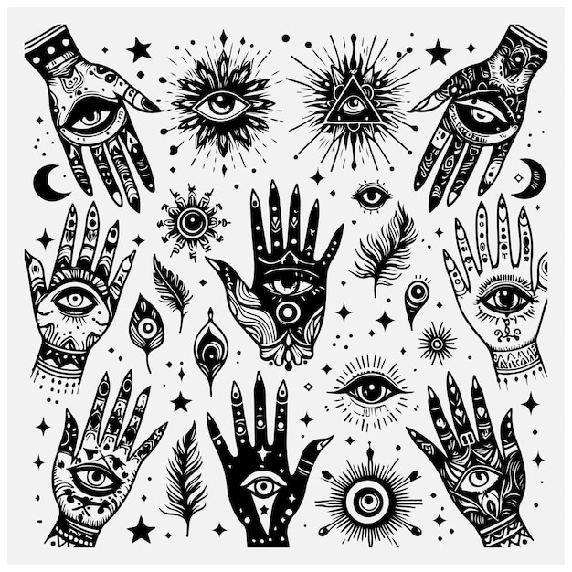 Mystical Boho hands with evil eye isolated clip arts celestial witchy set witches hands line