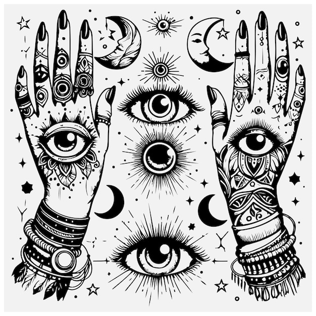 Mystical Boho hands with evil eye isolated clip arts celestial witchy set witches hands line