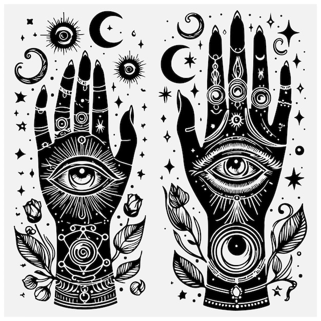 Mystical Boho hands with evil eye isolated clip arts celestial witchy set witches hands line