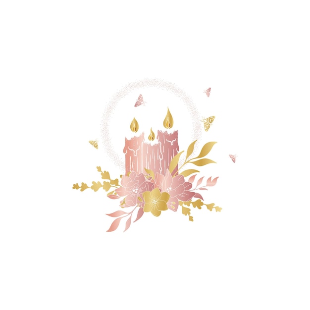 Mystical candle and flowers golden illustration