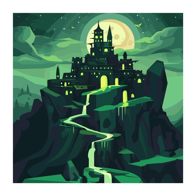 Vector mystical castle perched atop craggy cliff under full moon surrounded greentinged nocturnal