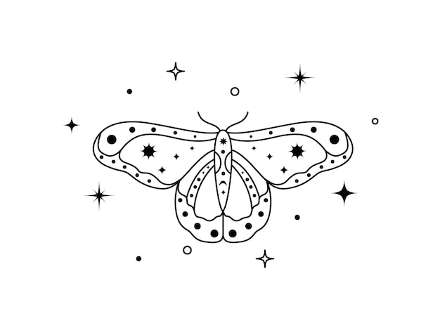 Mystical celestial night butterfly Spiritual elegant moth for branding name logo and witchcraft shop and beauty salon Esoteric magic tattoo Outline Vector illustration