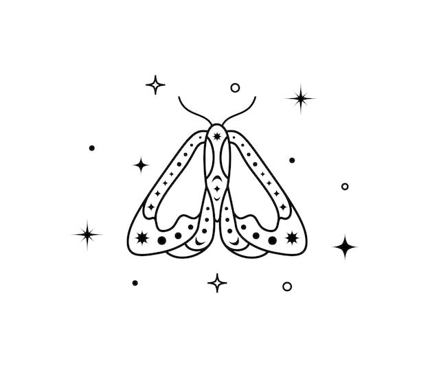 Mystical celestial night butterfly Spiritual elegant moth for branding name logo and witchcraft shop and cosmetical salon Esoteric magical temporary tattoo Outline Vector illustration