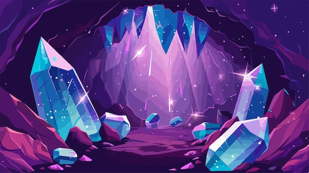 Vector mystical crystal cave with shimmering light