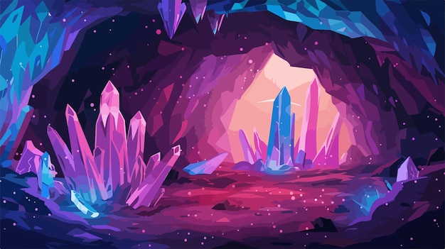 Vector mystical crystal cave with shimmering light