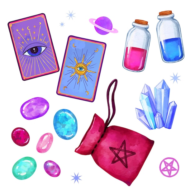 Vector mystical esoteric magic ad fortune telling watercolor vector elements