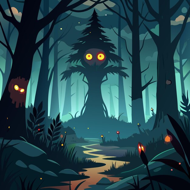 Vector a mystical forest with glowing eyes a winding path and a spooky atmosphere