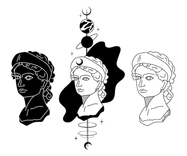 Mystical Goddess ancient greek statue vector black white celestial greek bust