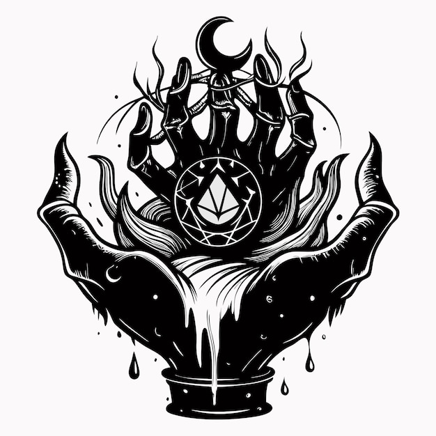 Vector mystical hand holding crescent moon and crystal ball in detailed black and white illustration