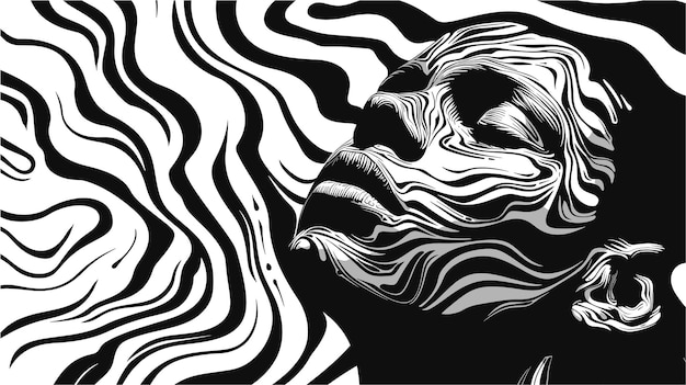 Vector mystical head drawing in stencil style dark white and black