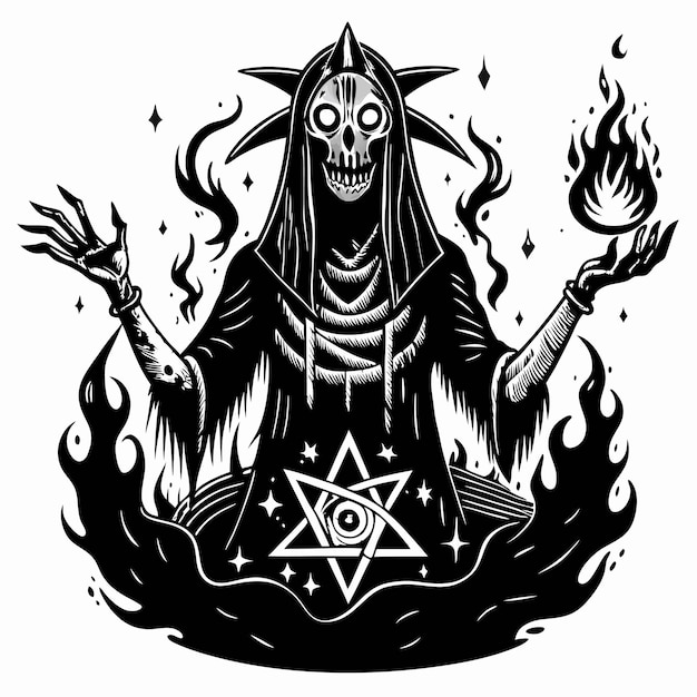 Mystical Hooded Skeleton with Flame and Pentagram Art