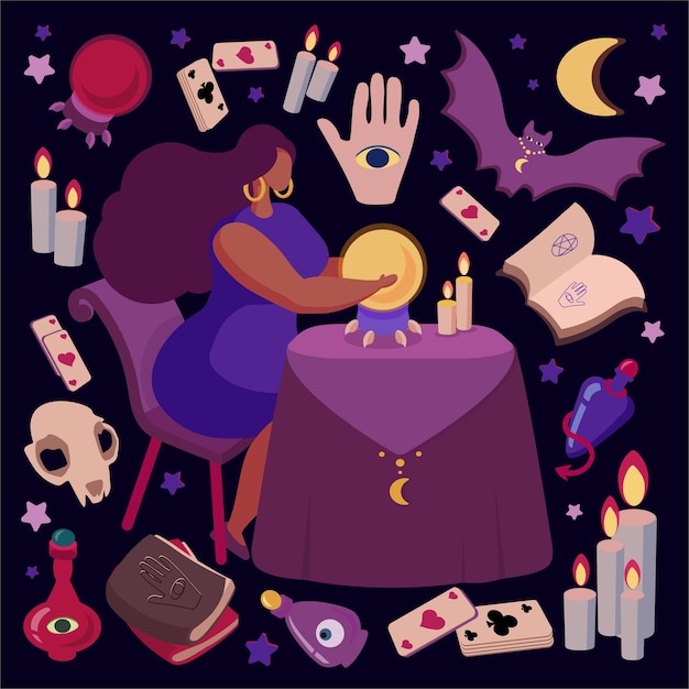 A mystical illustration demonstrating fortunetelling Vector fortuneteller predicts the future