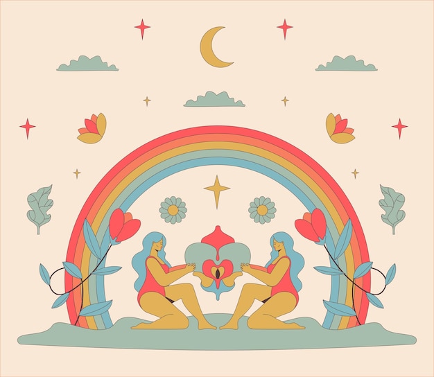 Mystical illustration with women flowers rainbow and crescent moon in groovy style