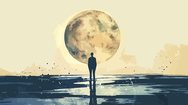 Vector mystical man standing under full moon night sky