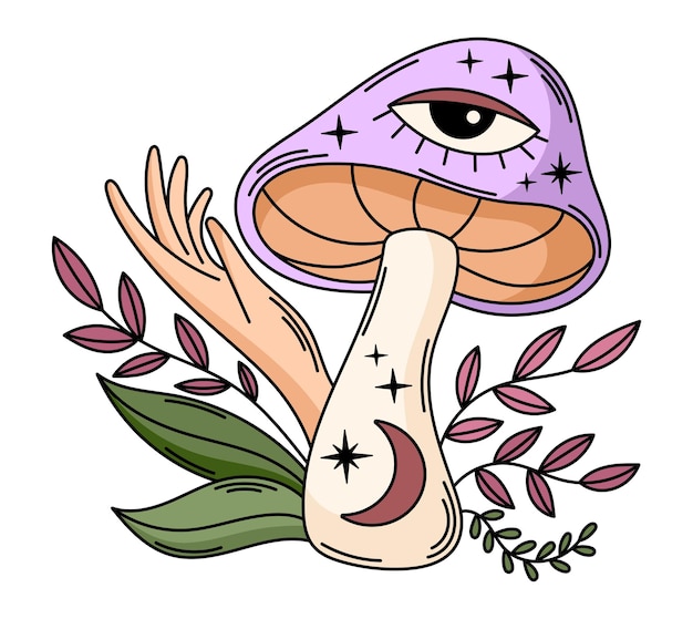 Mystical mushroom vector clipart. Magic boho celestial mushroom illustration