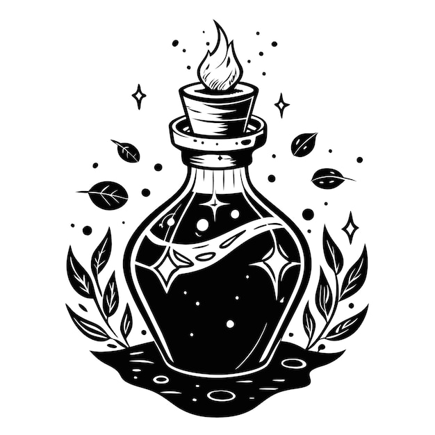 Mystical Potion Bottle with Enchanting Flame and Magical Leaves