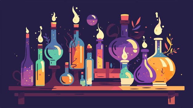 Vector mystical potion bottles on an alchemists table