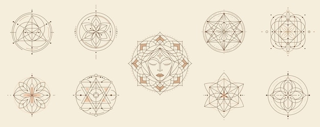 Mystical sacred geometry symbols polygonal and geometric line art patterns featuring mandalas