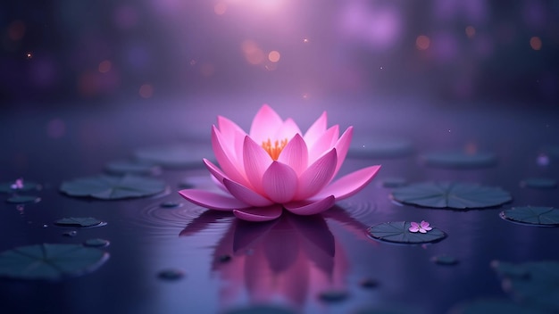 Vector mystical scene with pink lotus on calm dark water