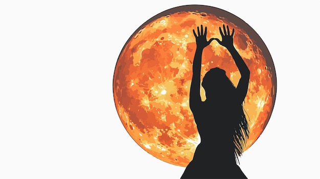 Vector mystical silhouette of woman with hands up against full moon