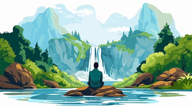 Vector mystical summer landscape hand drawn cartoon with water