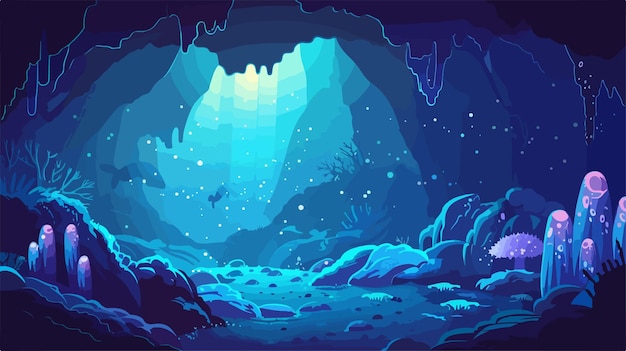 Mystical Underwater Grotto with Bioluminescent Organisms