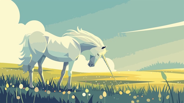 Vector mystical unicorn grazing in sundappled meadow