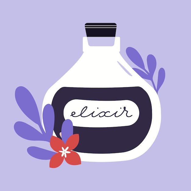 Mystical vector illustration with witchcraft, potion, bottle, elixir, plants, vial in flat style.