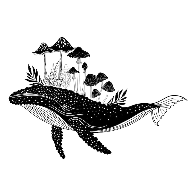 Mystical whale Silhouette of a blue humpback whale killer whale Poster Tattoo style Vector