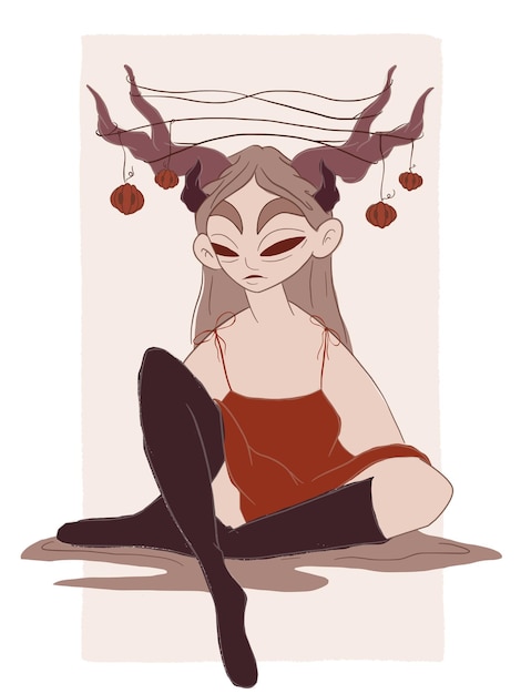 Mystical witch girl in stockings. With horns tangled in a pumpkin garland.