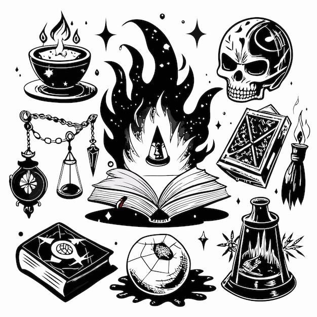 Vector mystical witchcraft elements with books skulls and magical objects in black and white artwork