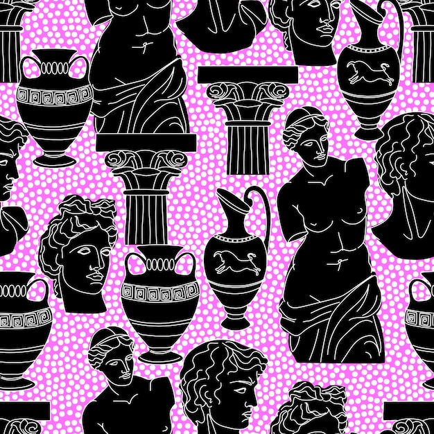 Mythical ancient Greek style Hand drawn fashion illustration Square vector seamless pattern