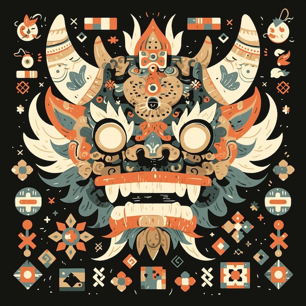 Mythical characters on vibrant traditional masks