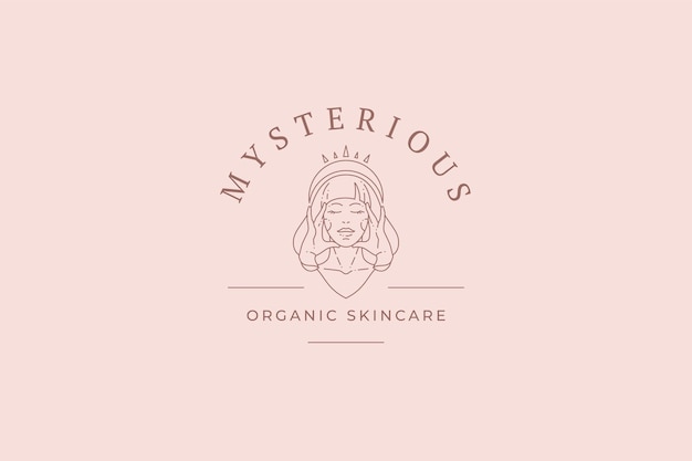 Vector mythical queen woman face tiara touching skin beauty care portrait minimalist line art logo vector