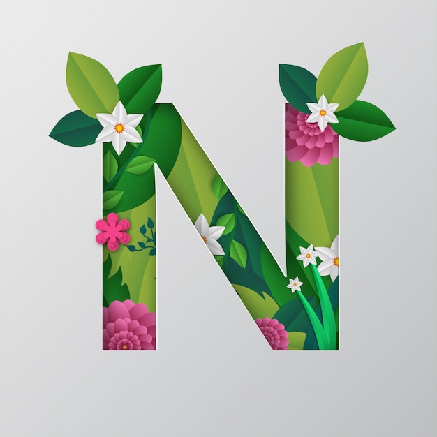 N alphabet made by flowers & leaves with paper cut style.