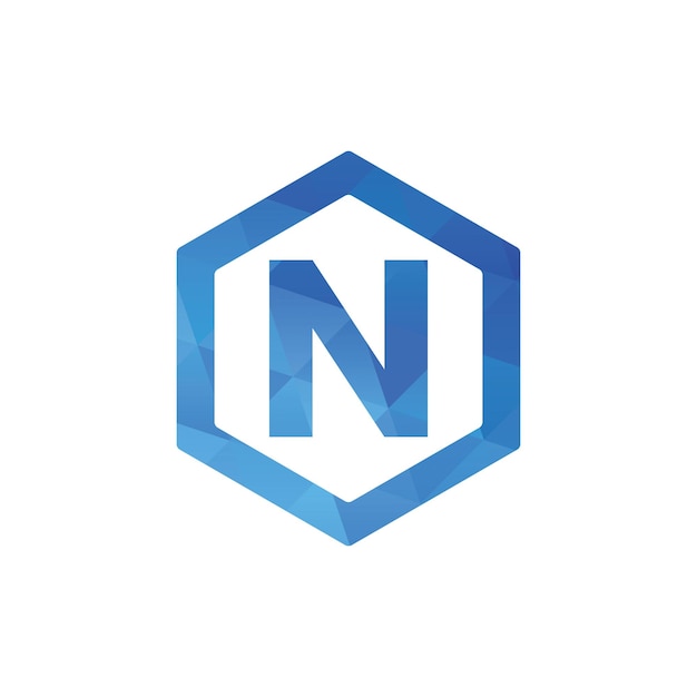 N letter with hexagon shape polygon logo monogram design in blue color vector eps