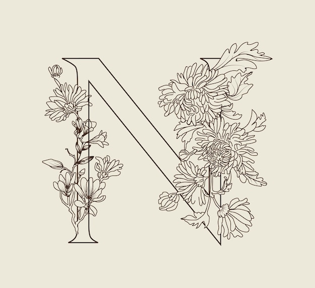 N letters line floral design