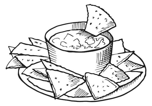 Nachos dish with dipping sauce Mexican snack sketch