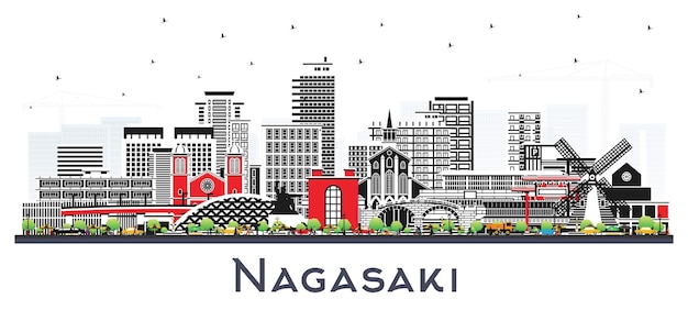 Nagasaki Japan City Skyline with Color Buildings Isolated on White Vector Illustration Nagasaki Cityscape with Landmarks