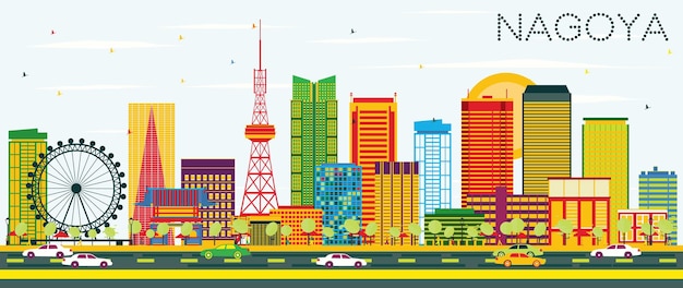 Nagoya Skyline with Color Buildings and Blue Sky. Vector Illustration. Business Travel and Tourism Concept with Modern Architecture. Image for Presentation Banner Placard and Web Site.