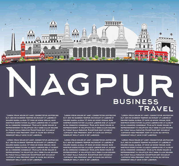 Nagpur Skyline with Gray Buildings, Blue Sky and Copy Space. Vector Illustration. Business Travel and Tourism Concept with Historic Architecture. Image for Presentation Banner Placard and Web Site.