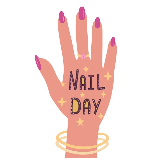 Nail Day hand with cute nails Hand drawn illustration