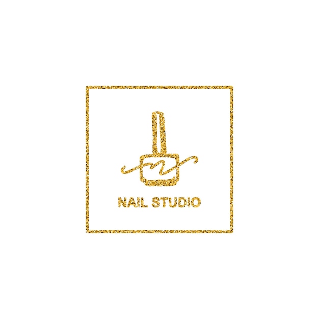 Nail polish logo with golden glitter texture in a trendy minimalist linear style. logo for a beauty salon or a manicurist. template for packaging nail Polish, nail, soap, beauty store.