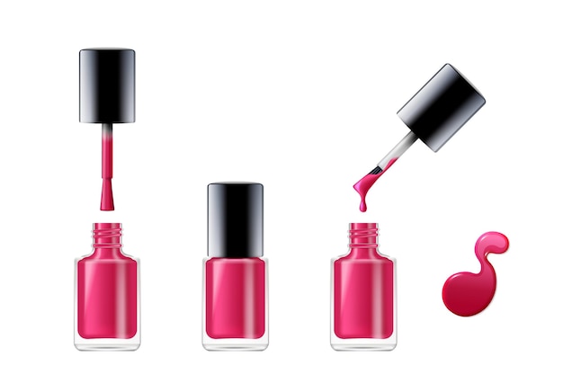 Nail polish realistic set Red paint for manicure opened and closed bottle with lid brush and drop